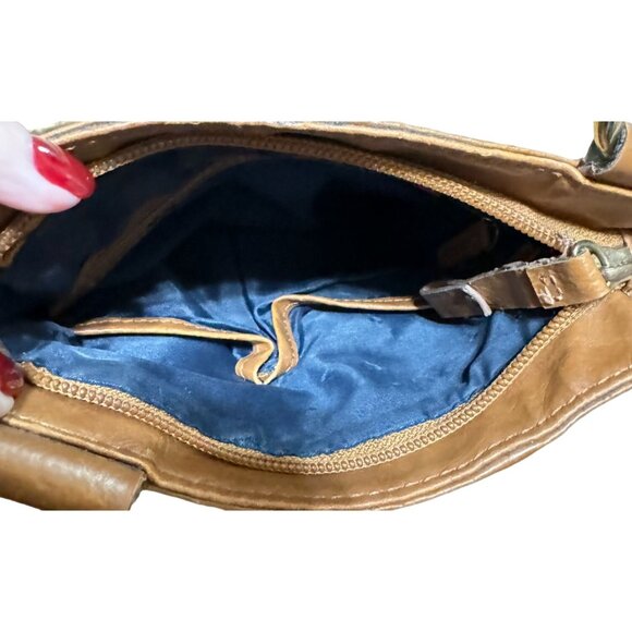 Y2K Tommy Hilfiger Crossbody Purse Handbag Bag Tan Blue Strap 8"X 7.5" - Picture 3 of 3